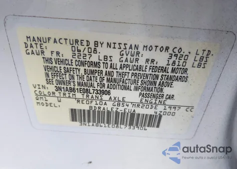 2008 Nissan Sentra 2.0S z USA, uszkodzony, nr VIN 3N1AB61E08L733906